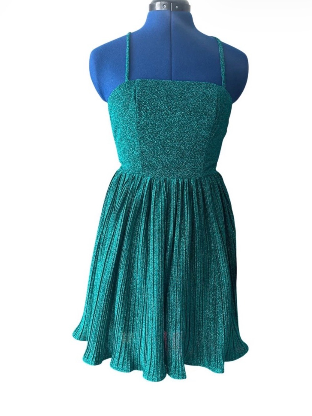 Lulus Party Era Emerald Sparkly Lace-Up Pleated Skater Dress Size XL Cocktail - Picture 2 of 15